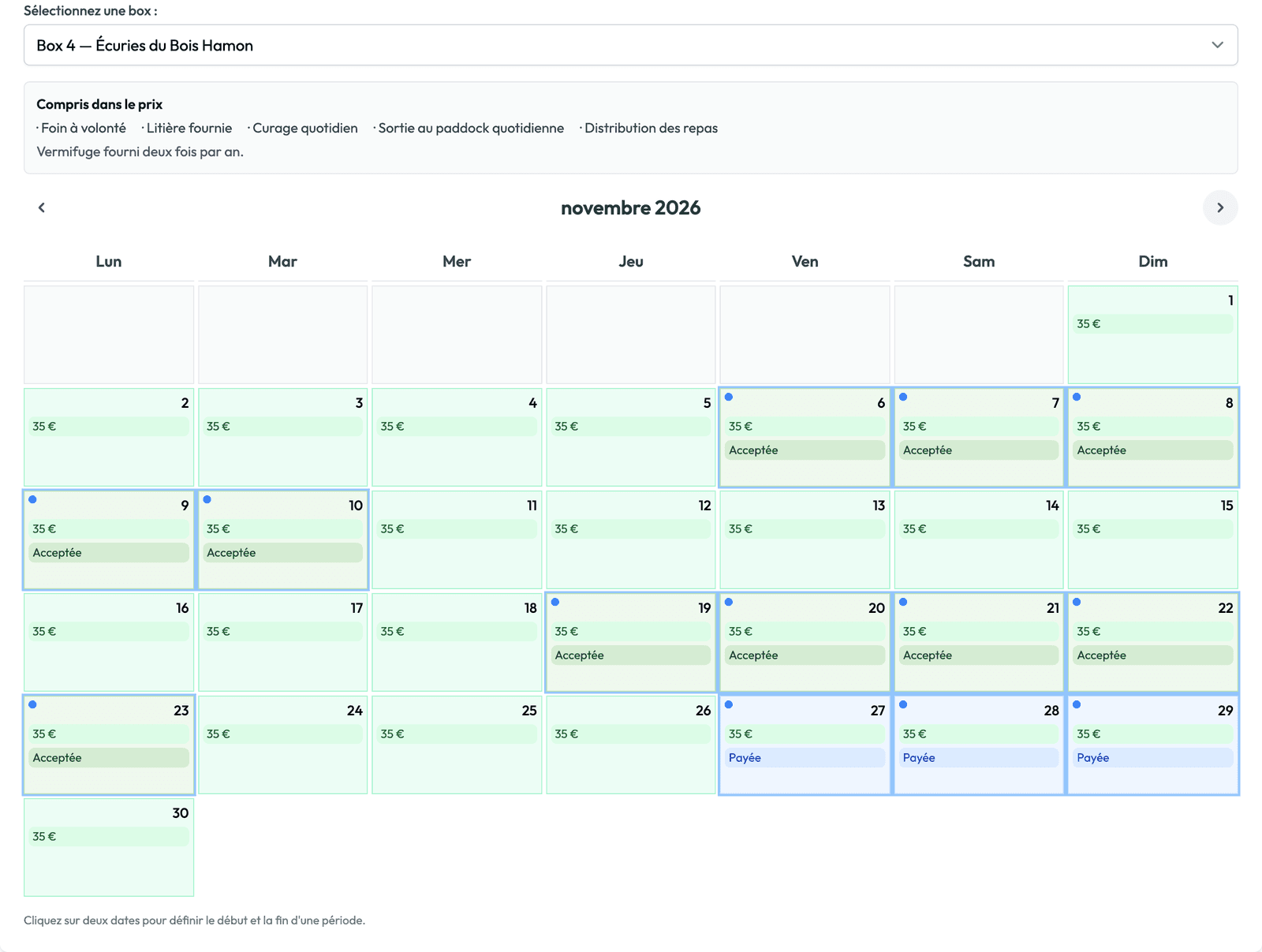 Calendrier des disponibilités d’un box en novembre : prix par nuit, séjours acceptés et payés