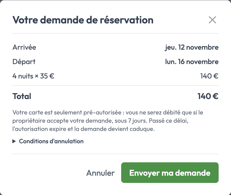 Récapitulatif d’une demande de réservation : arrivée, départ, quatre nuits à 35 euros, total 140 euros