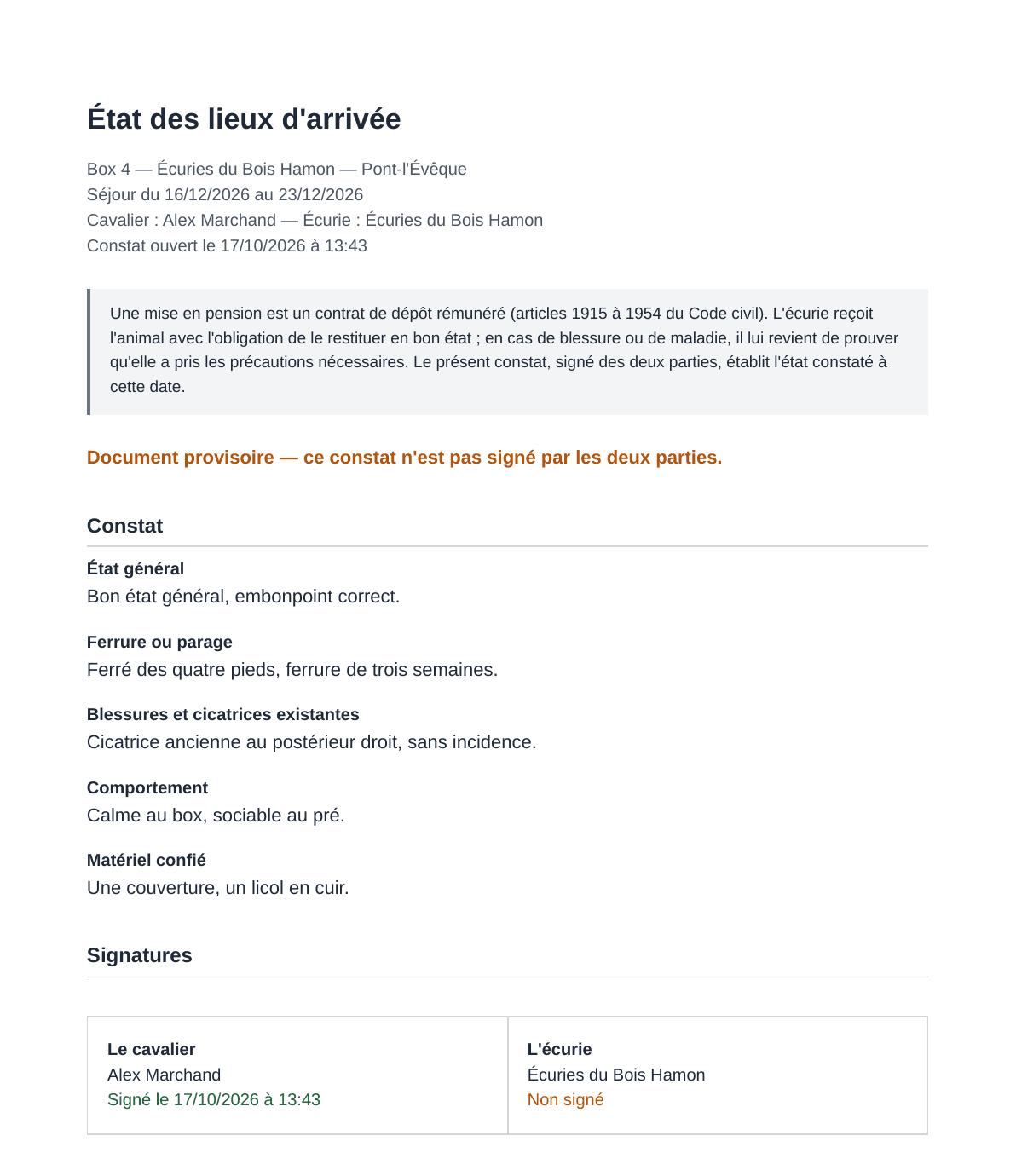 Constat d’état des lieux d’arrivée au format PDF : état général, ferrure, cicatrices, comportement, matériel confié, signatures