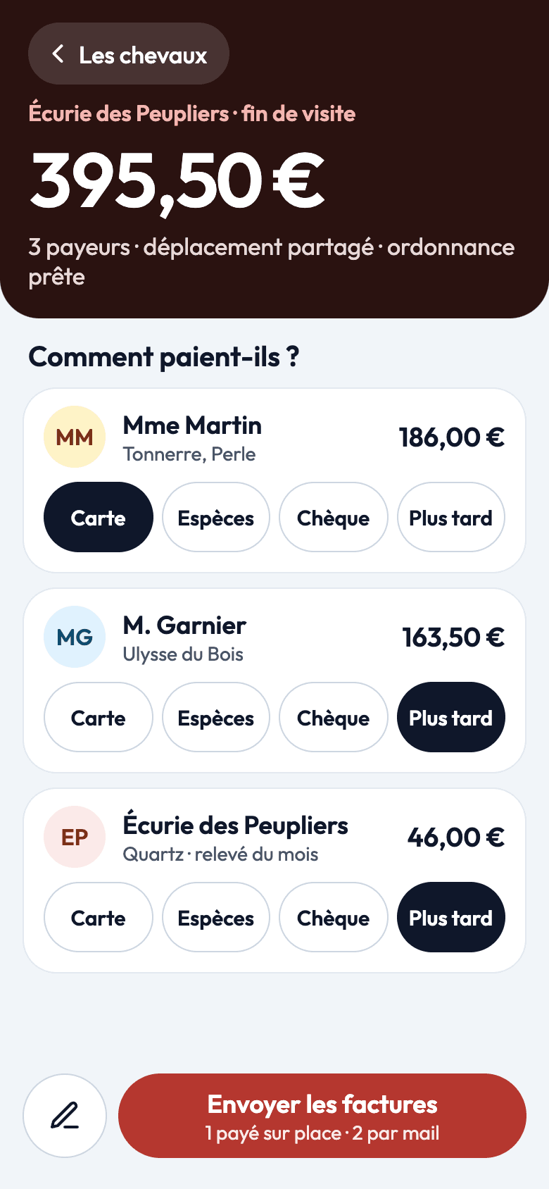 Maquette Horsvet : total de la visite réparti entre trois payeurs, avec le mode de paiement de chacun