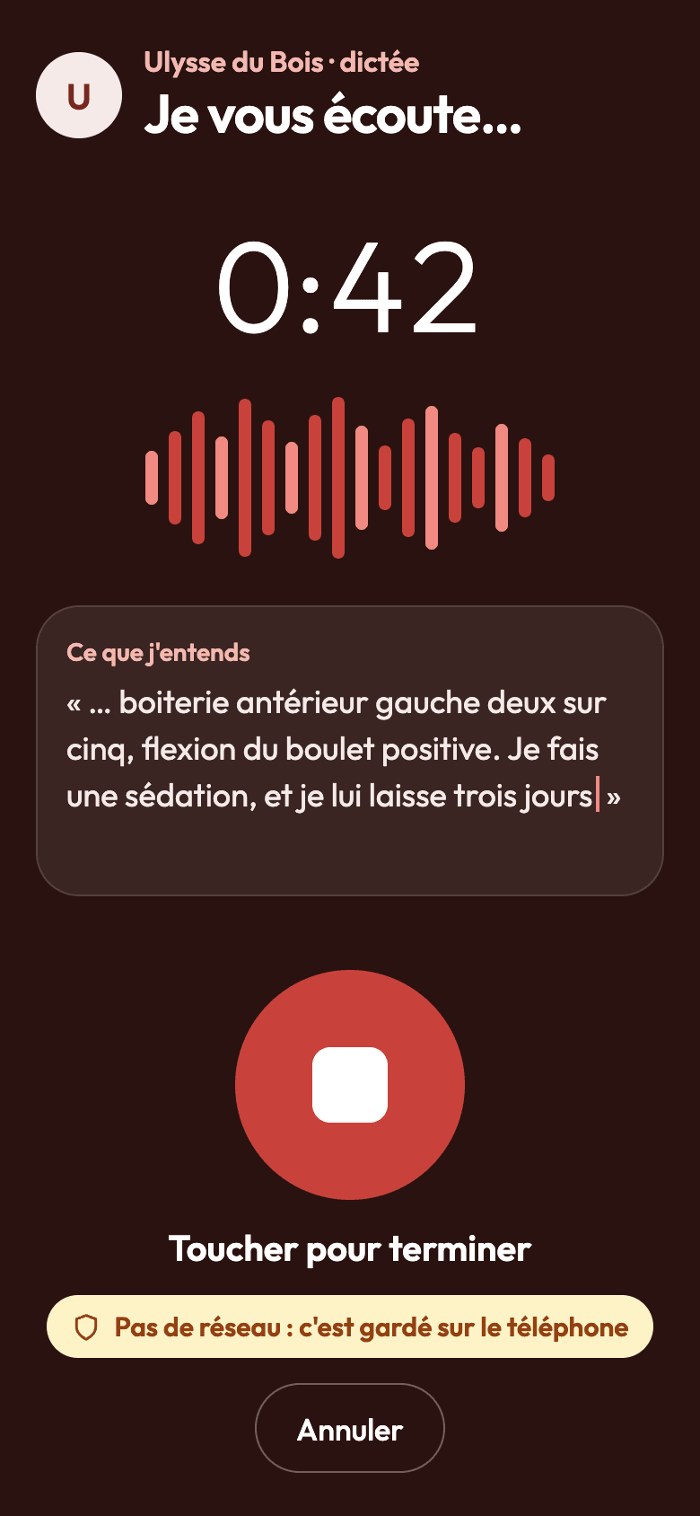 Maquette Horsvet : dictée du compte rendu d’un cheval, avec la transcription en cours et l’indication que la dictée est gardée sans réseau