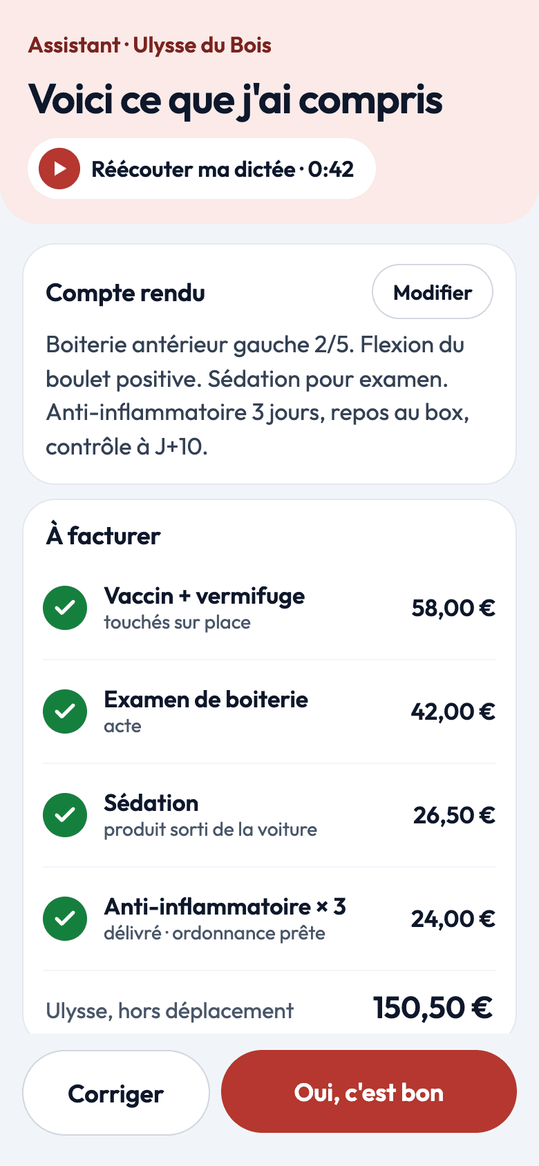 Maquette Horsvet : compte rendu structuré à partir de la dictée, actes et produits à facturer, rappel de contrôle